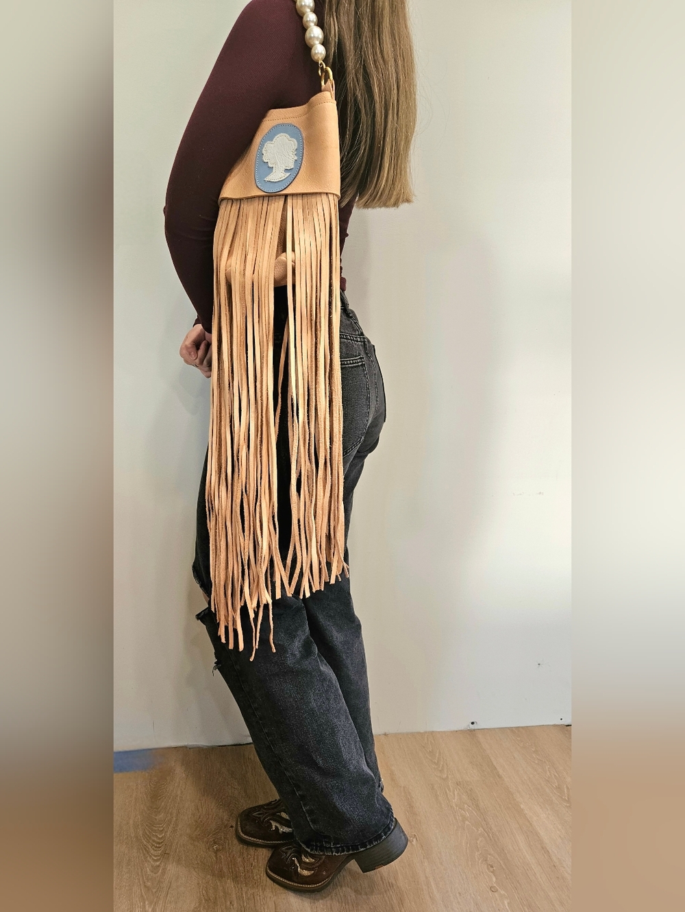 OOAK Custom Handcrafted Leather Fringe Bag - Cameo Detail & Pearl Handle Western